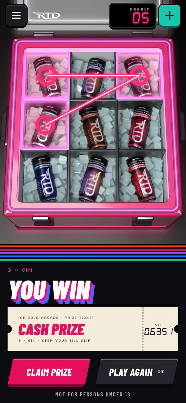 The working game: a win with 3 Gin cans, showing a cash prize ticket