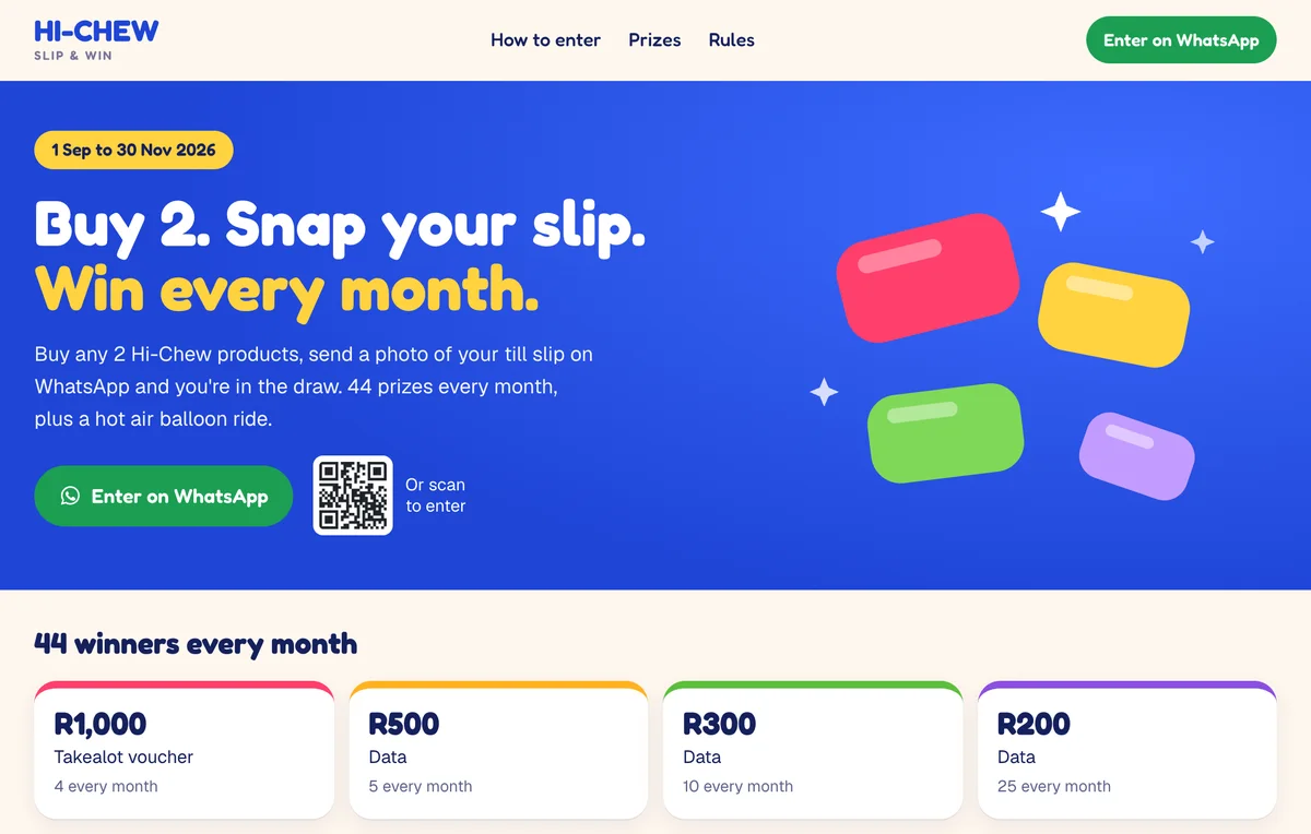 Concept promo page: Buy 2. Snap your slip. Win every month. With 44 prizes every month