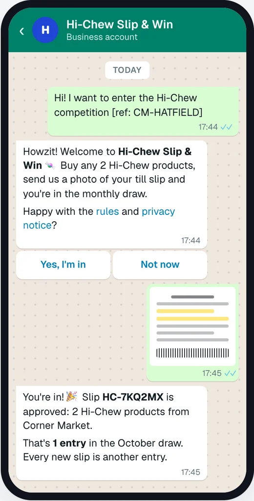 Example WhatsApp chat: a shopper enters the Hi-Chew Slip and Win competition and their till slip is approved